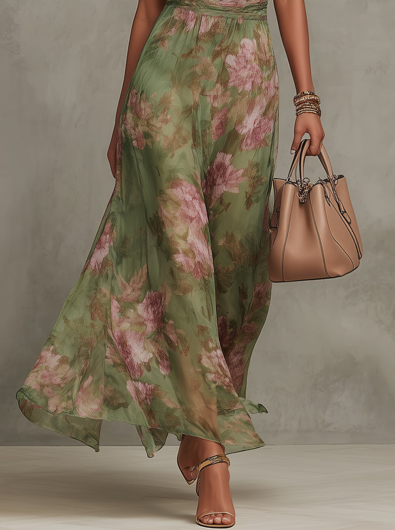 Elegant Floral Chiffon Halter Maxi Dress