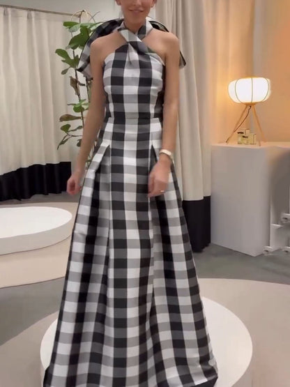 Classic Plaid Print Halter Neck Maxi Dress
