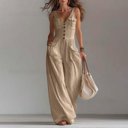 Rosley Sleeveless V-Neck Button Pocket Jumpsuit