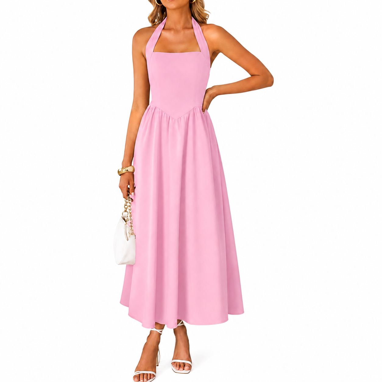 Sleeveless Halter Ruched Pocket Dress