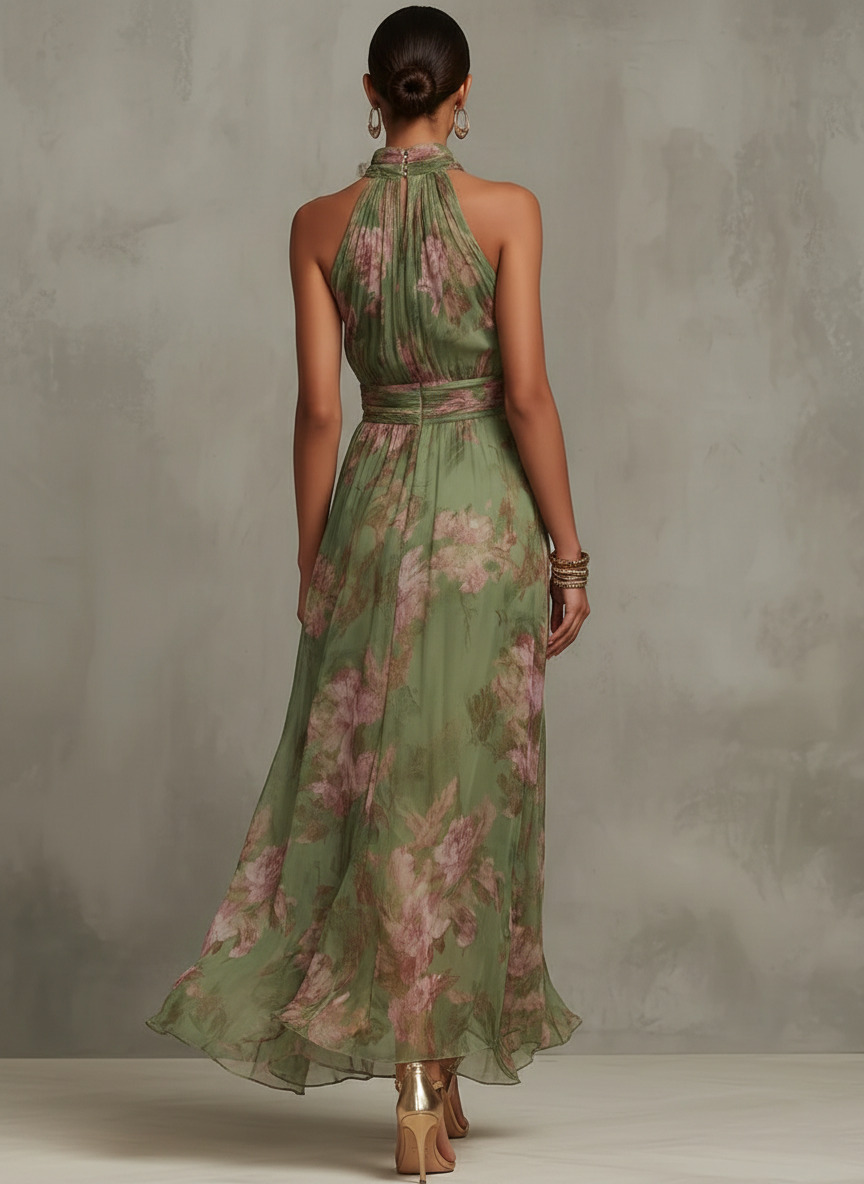 Elegant Floral Chiffon Halter Maxi Dress