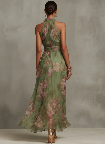 Elegant Floral Chiffon Halter Maxi Dress