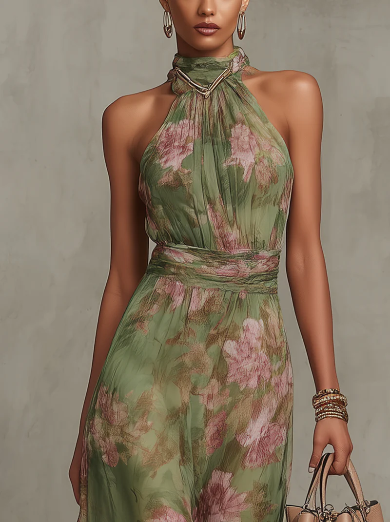 Elegant Floral Chiffon Halter Maxi Dress