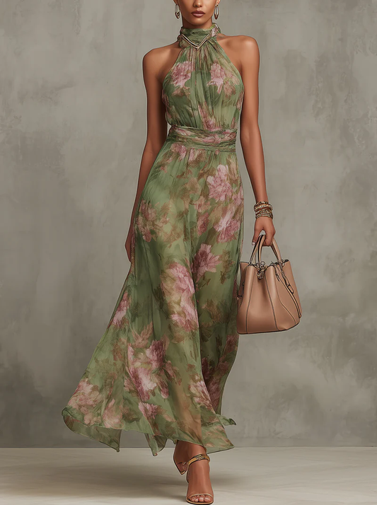 Elegant Floral Chiffon Halter Maxi Dress