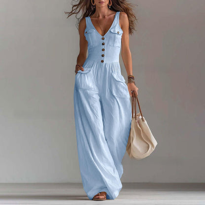 Rosley Sleeveless V-Neck Button Pocket Jumpsuit