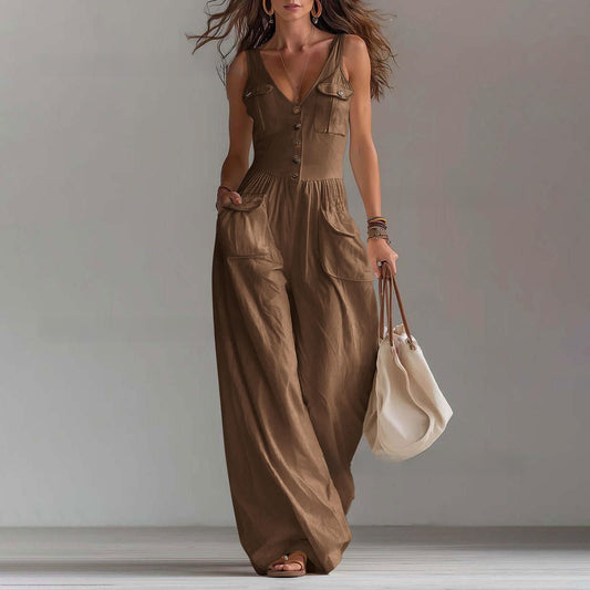 Rosley Sleeveless V-Neck Button Pocket Jumpsuit