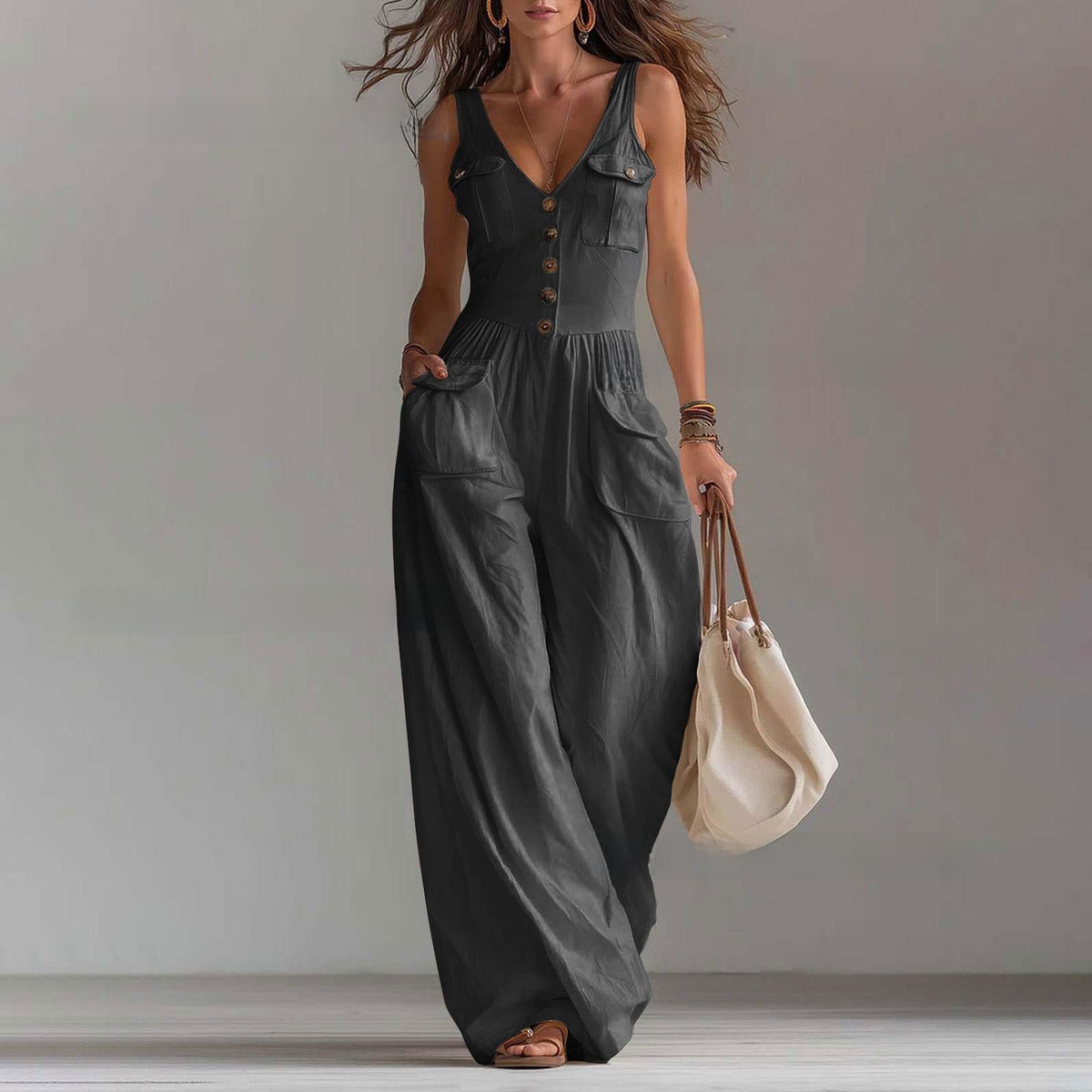 Rosley Sleeveless V-Neck Button Pocket Jumpsuit