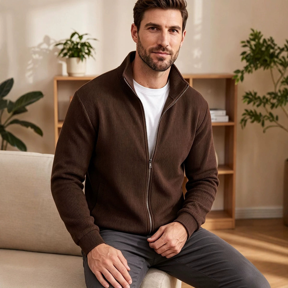 Harrogate Corduroy Funnel-Neck Zip Sweater