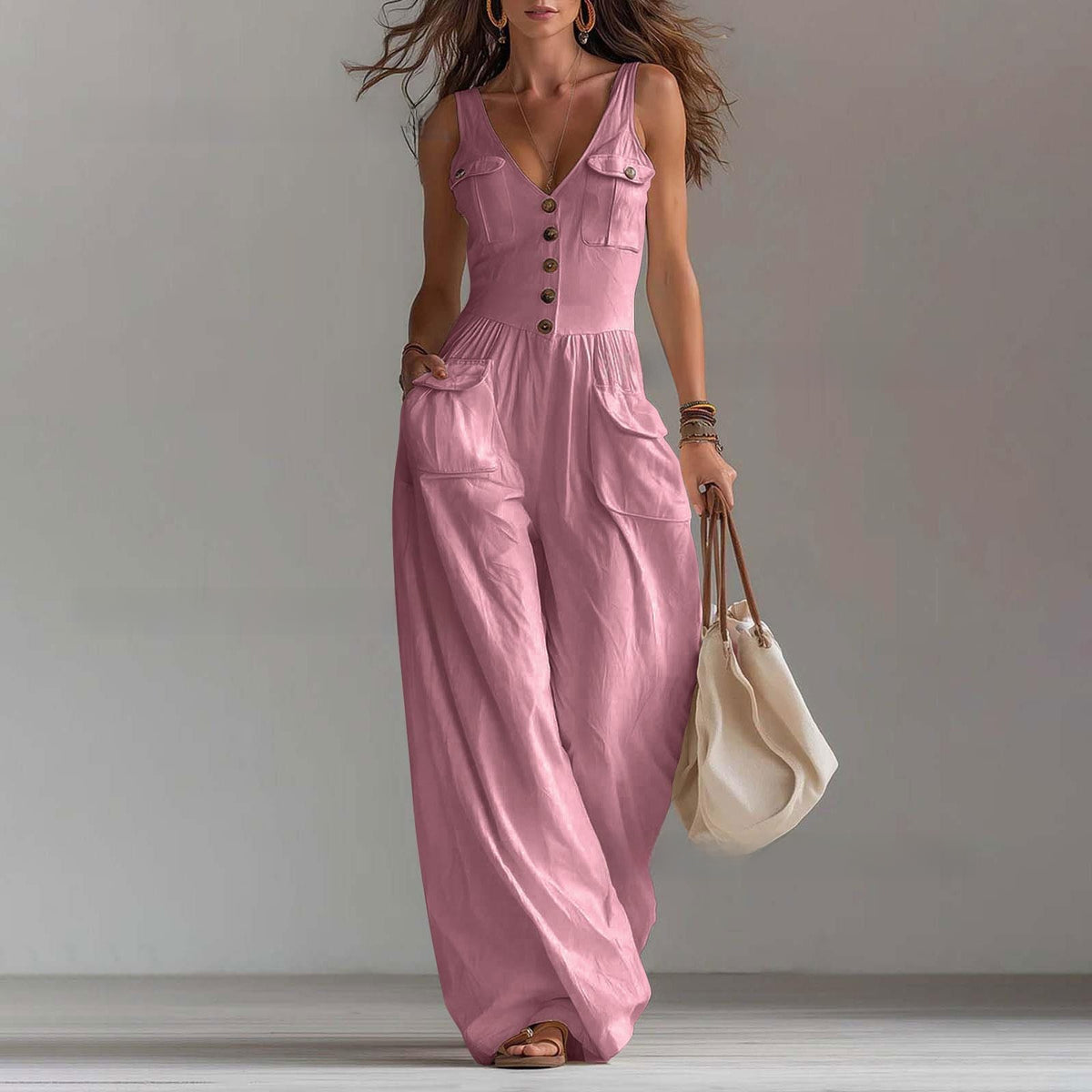 Rosley Sleeveless V-Neck Button Pocket Jumpsuit