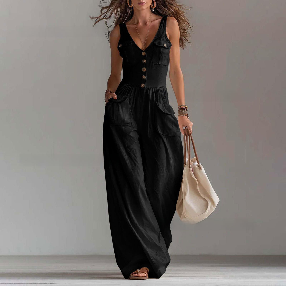 Rosley Sleeveless V-Neck Button Pocket Jumpsuit
