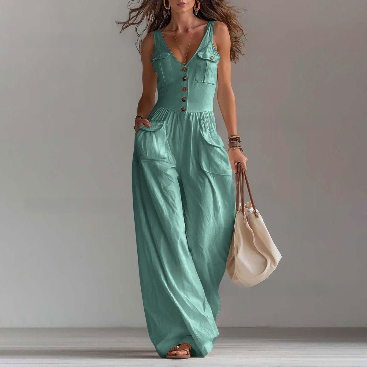 Rosley Sleeveless V-Neck Button Pocket Jumpsuit