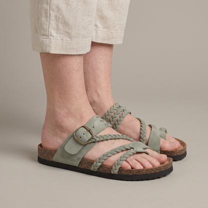 Hayleigh Braided Cork Sandals in sage green, showing the three separate braided suede cords, toe loop and antique gold buckle