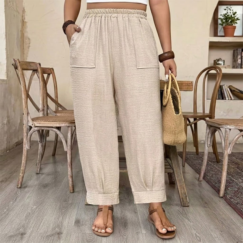 Women’s Cuffed Ankle Pants – Relaxed Fit, Elastic Waist, Solid Colors