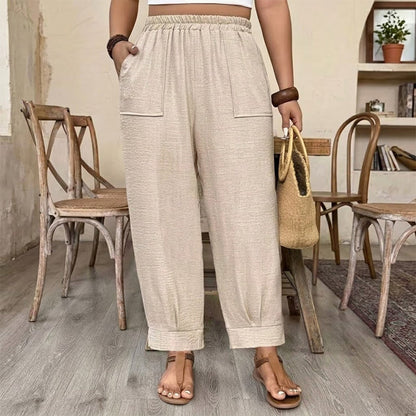 Women’s Cuffed Ankle Pants – Relaxed Fit, Elastic Waist, Solid Colors