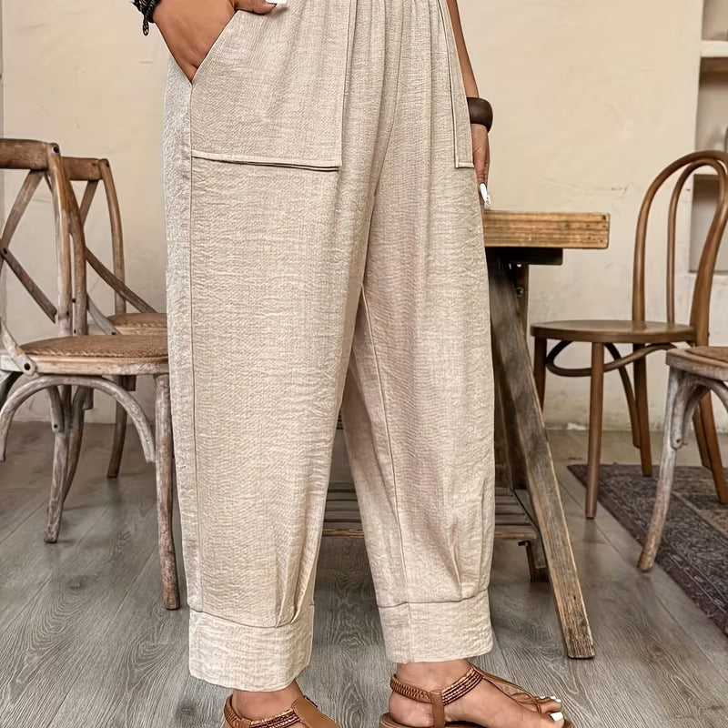 Women’s Cuffed Ankle Pants – Relaxed Fit, Elastic Waist, Solid Colors